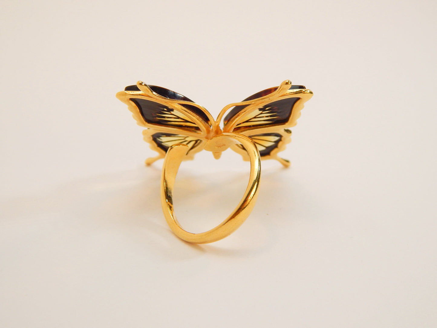 Natural Baltic Amber 14k Gold Plated Butterfly Adjustable Statement Ring