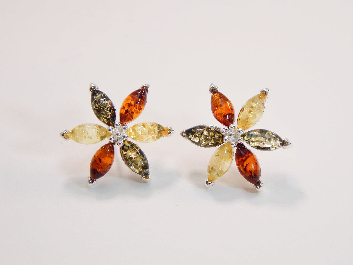 Natural Baltic Multicolor Amber Floral Stud Earrings in 925 Sterling Silver