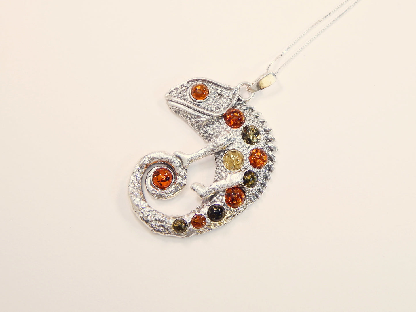 Natural Baltic Multicolor Amber Chameleon Pendant Necklace in 925 Sterling Silver