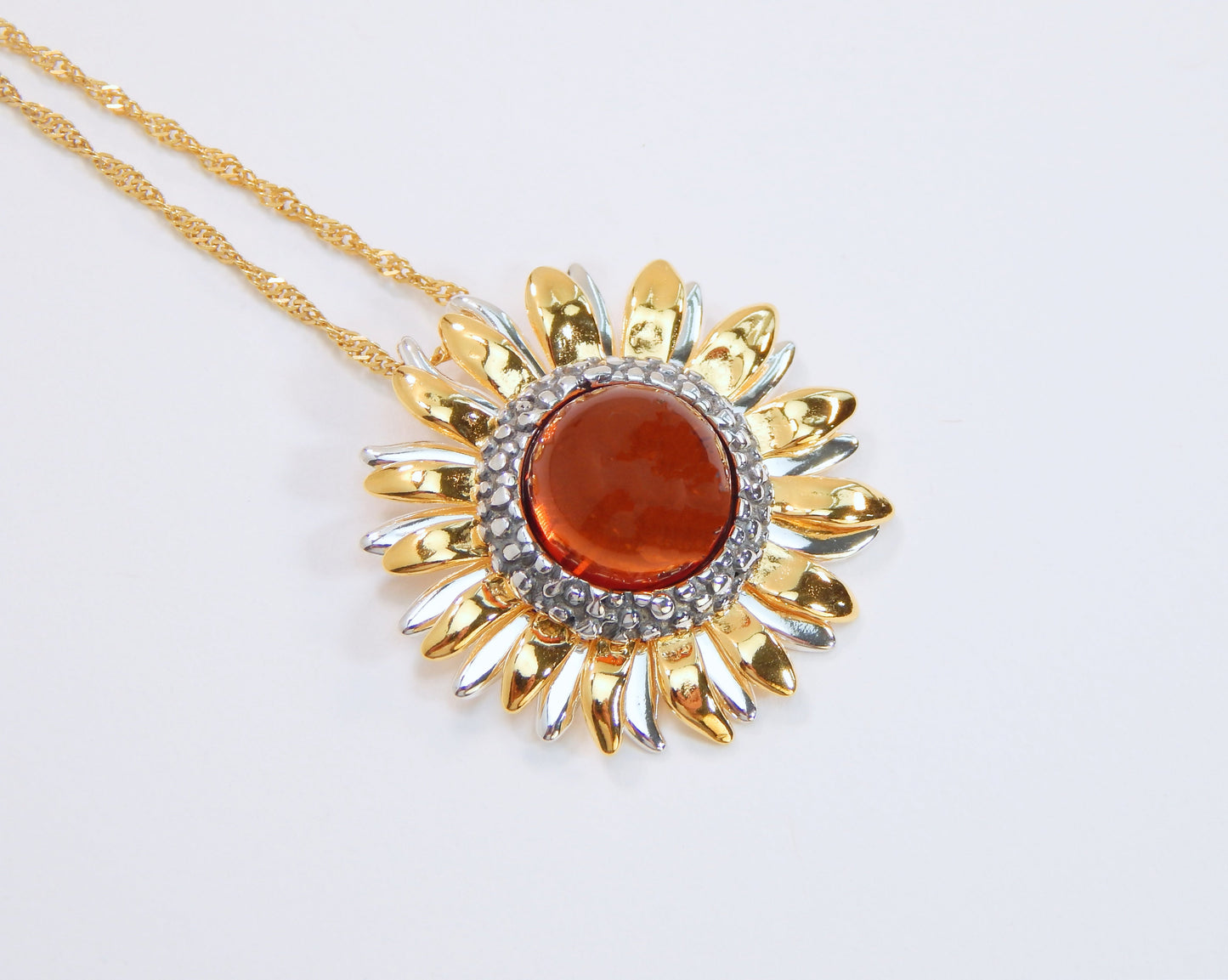 Natural Baltic Cognac Amber 14K Gold Plated Sunflower Pendant Necklace