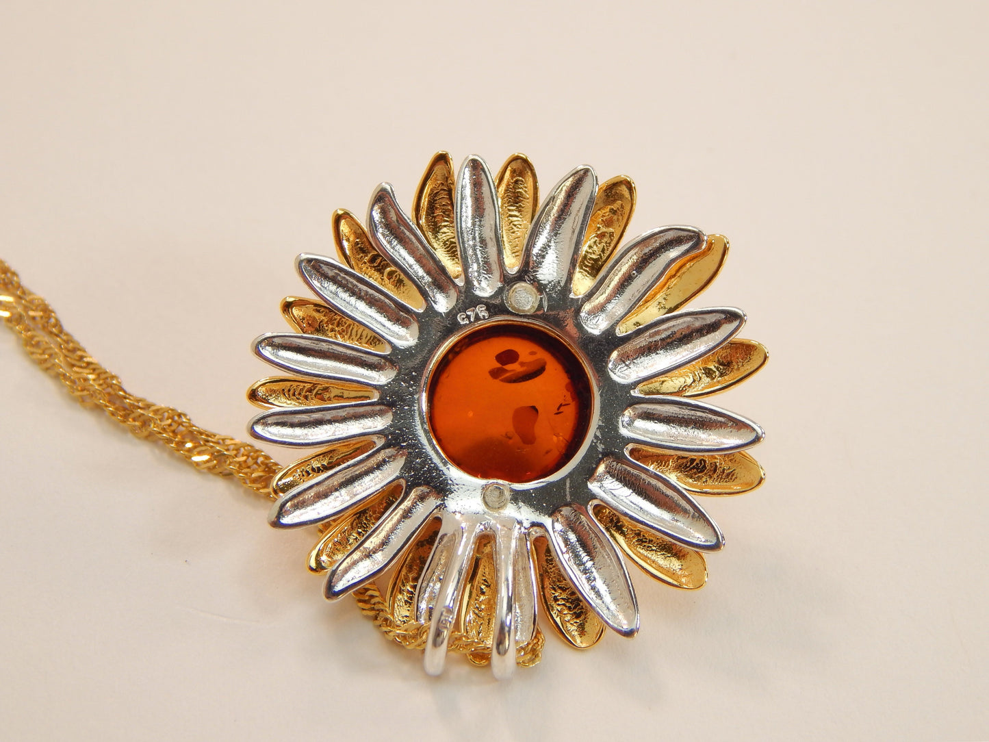 Natural Baltic Cognac Amber 14K Gold Plated Sunflower Pendant Necklace
