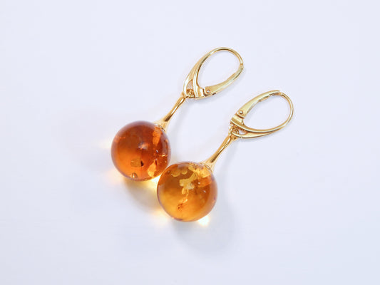 Natural Baltic Cognac Amber Sphere Modern Earrings in 14k Gold Plated s925
