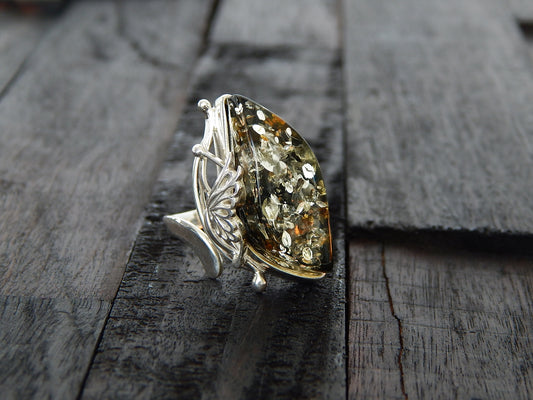 Natural Baltic Green Galaxy Amber Adjustable Butterfly Ring