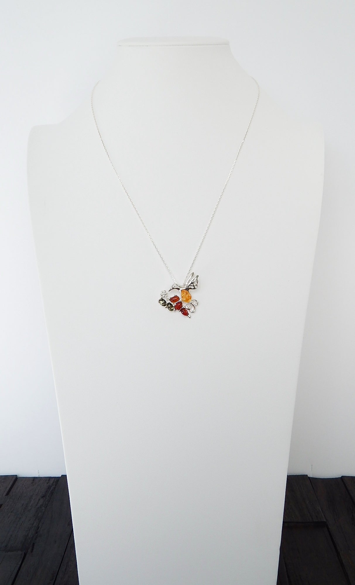 Natural Baltic Multicolor Amber Hummingbird Pendant Necklace