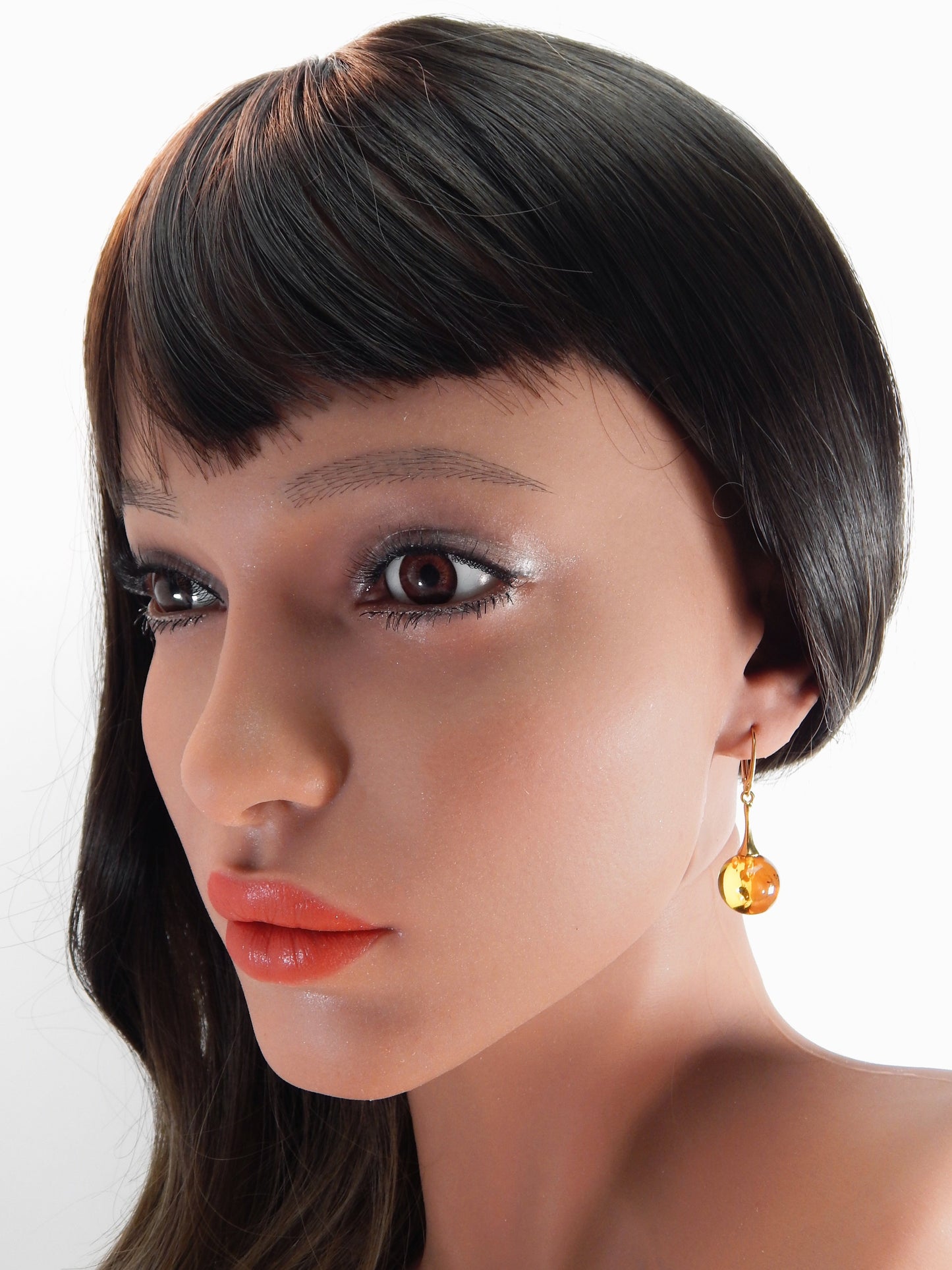 Natural Baltic Cognac Amber Sphere Modern Earrings in 14k Gold Plated s925