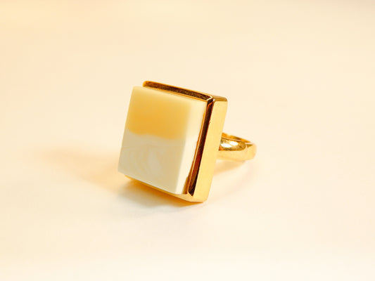 Natural Baltic White and Butterscotch Amber Square Cut 14k Gold Plated Cocktail Ring