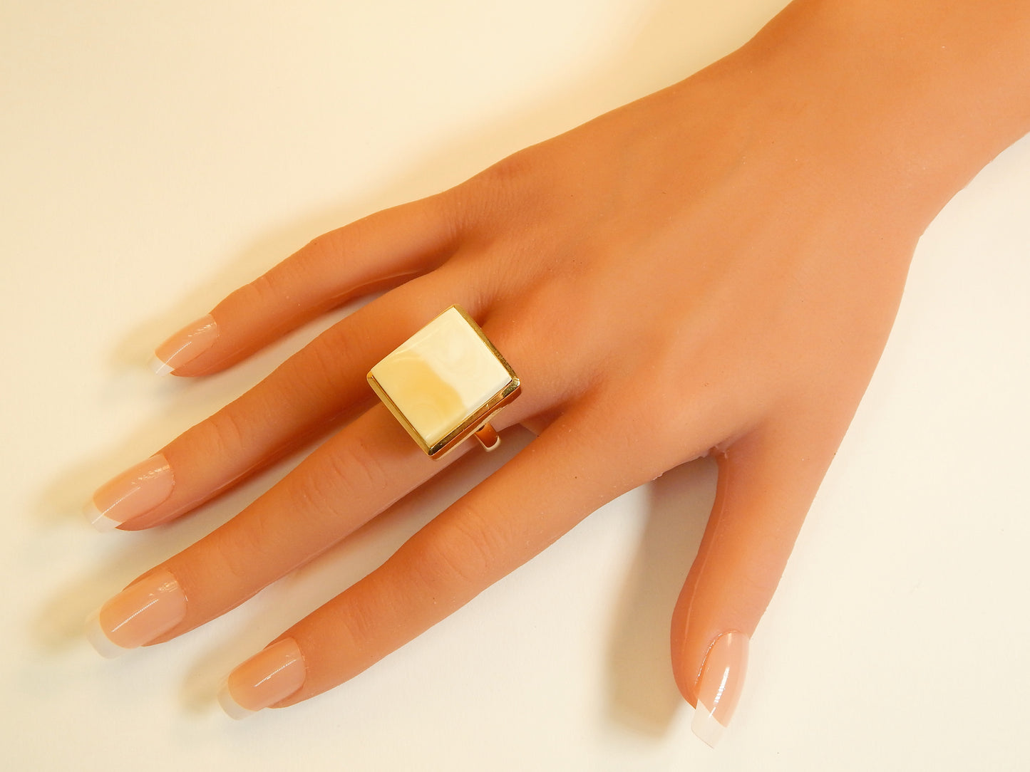Natural Baltic White and Butterscotch Amber Square Cut 14k Gold Plated Cocktail Ring