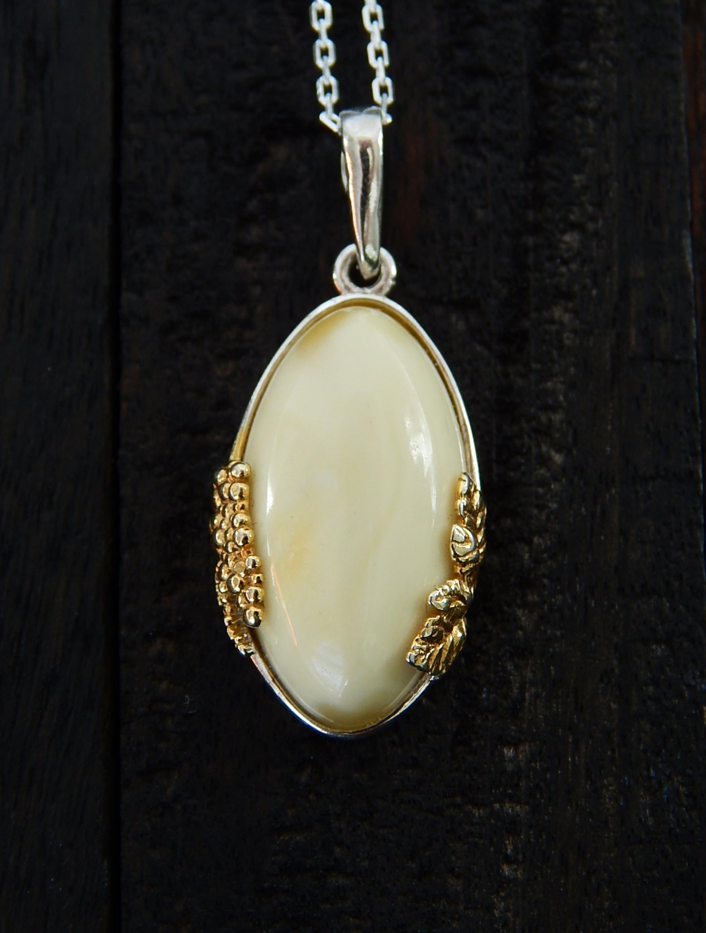 Natural Baltic White Amber 14K Gold Plated Grape Leaf Design Necklace