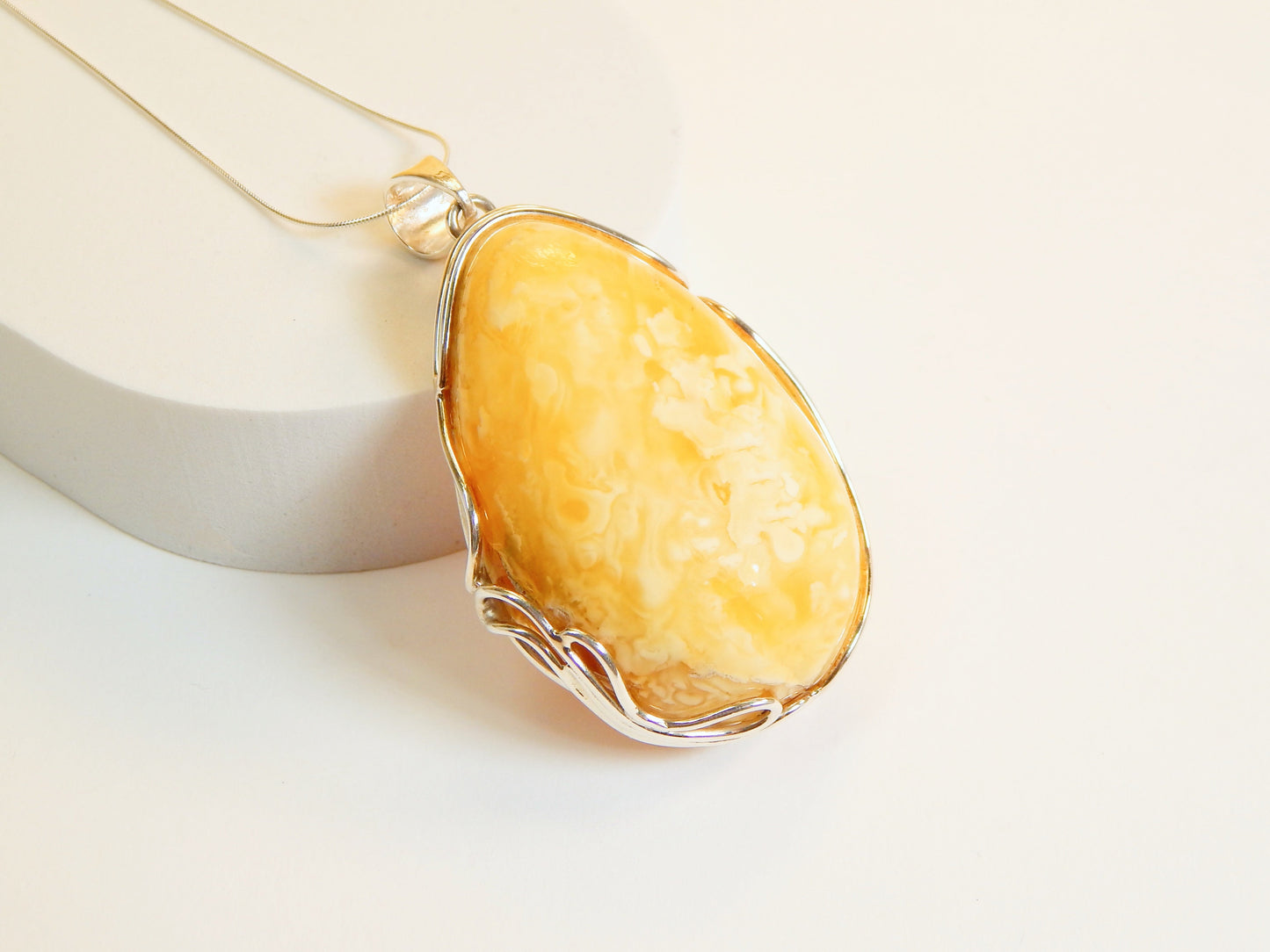 Natural Baltic Butterscotch and White Amber Handmade Pendant Necklace in 925 Sterling Silver