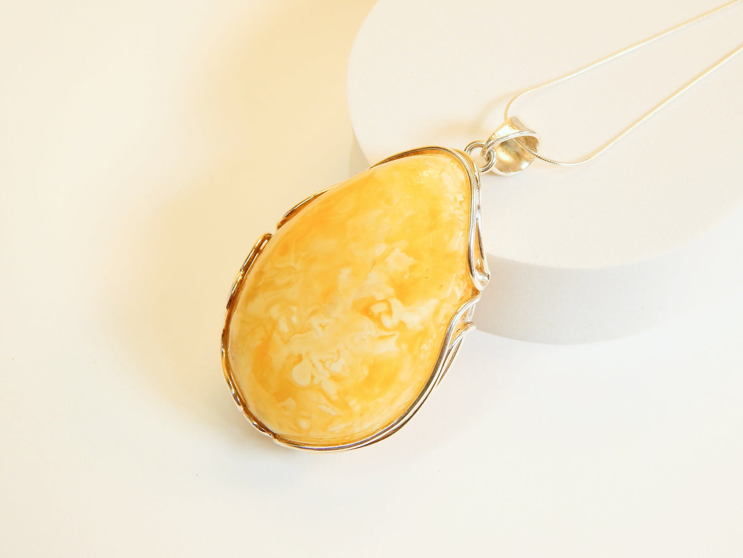 Natural Baltic Butterscotch and White Amber Handmade Pendant Necklace in 925 Sterling Silver