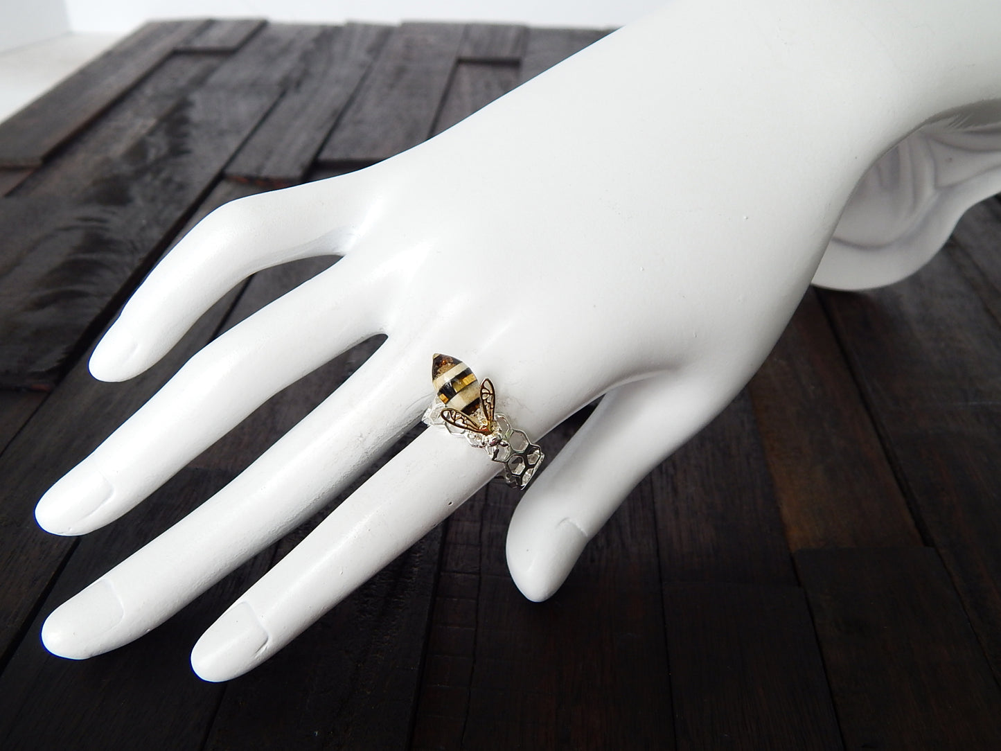 Natural Baltic Amber 14K Gold Plated Bee and Honeycomb Adjustable Ring