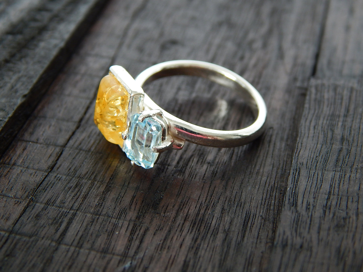 Natural Baltic Lemon Amber and Blue Topaz Adjustable Modern Ring