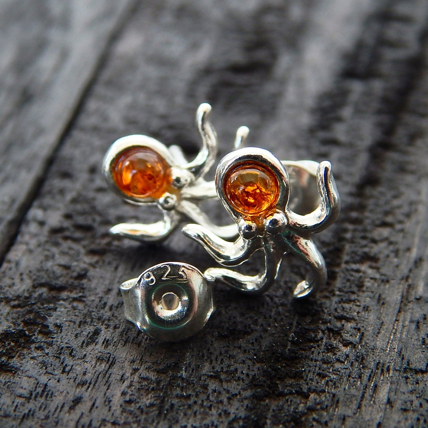 Natural Baltic Cognac Amber Tiny Octopus Stud Earrings