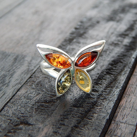 Natural Baltic Multicolor Amber Butterfly Adjustable Ring