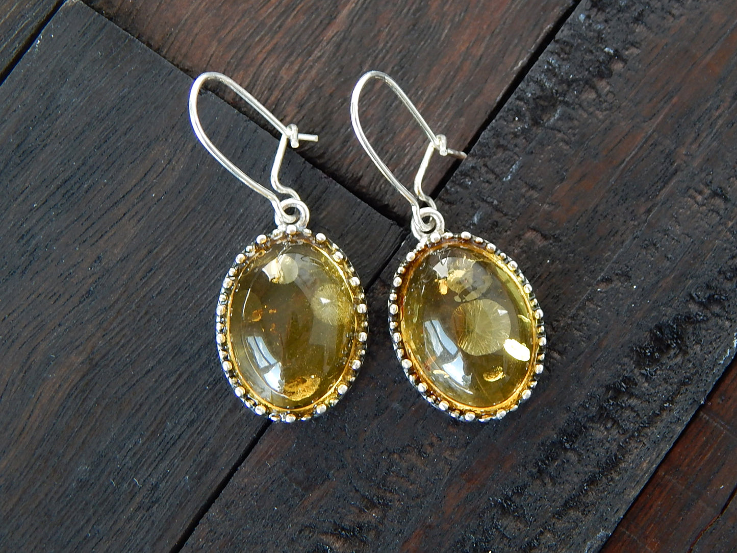 Natural Baltic Lemon Amber Victorian Oval Dangle Earrings