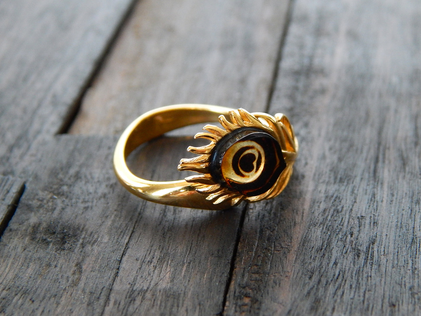 Natural Baltic Amber 14K Gold Plated Adjustable Peacock Ring
