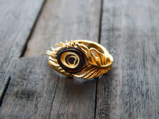 Natural Baltic Amber 14K Gold Plated Adjustable Peacock Ring