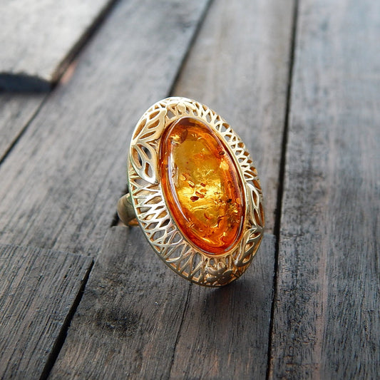 Natural Baltic Cognac Amber 14K Gold Plated Queens Adjustable Ring
