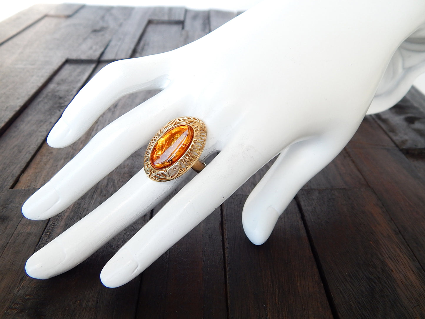 Natural Baltic Cognac Amber 14K Gold Plated Queens Adjustable Ring