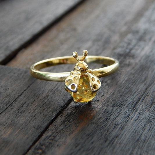 Natural Baltic Lemon Amber 14k Gold Plated Lady Bug Ring