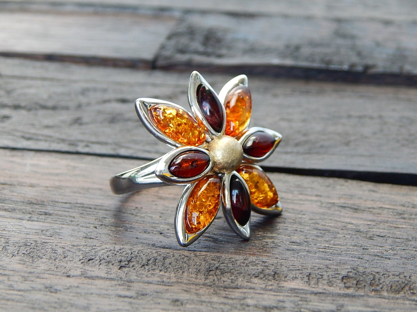Natural Baltic Cherry and Cognac Amber Flower Statement Ring