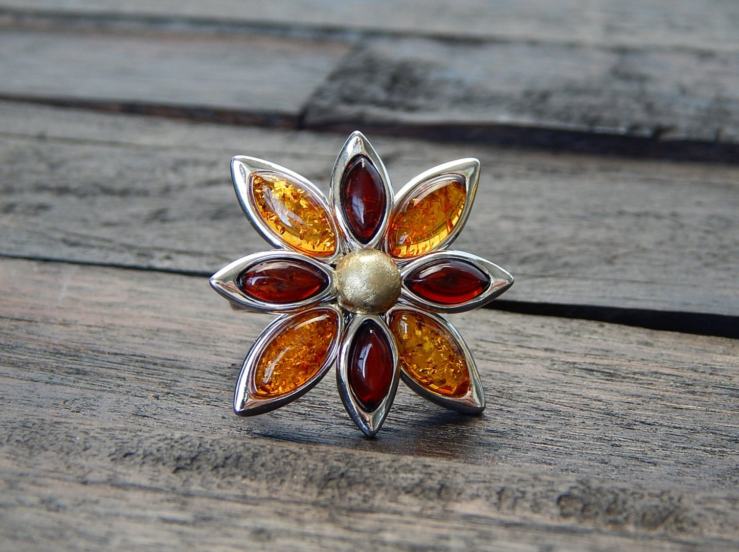 Natural Baltic Cherry and Cognac Amber Flower Statement Ring