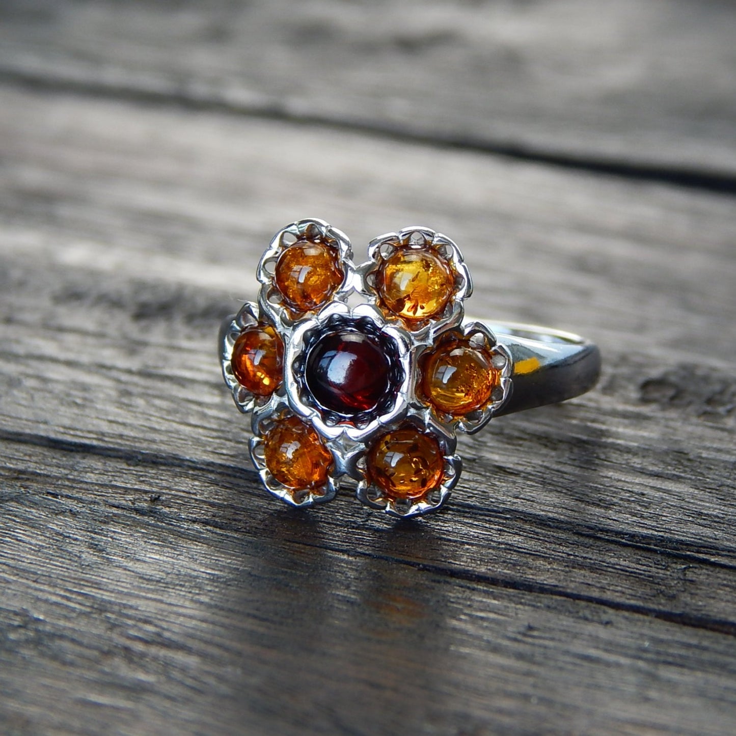 Natural Baltic Cognac and Cherry Amber Royal Flower Ring
