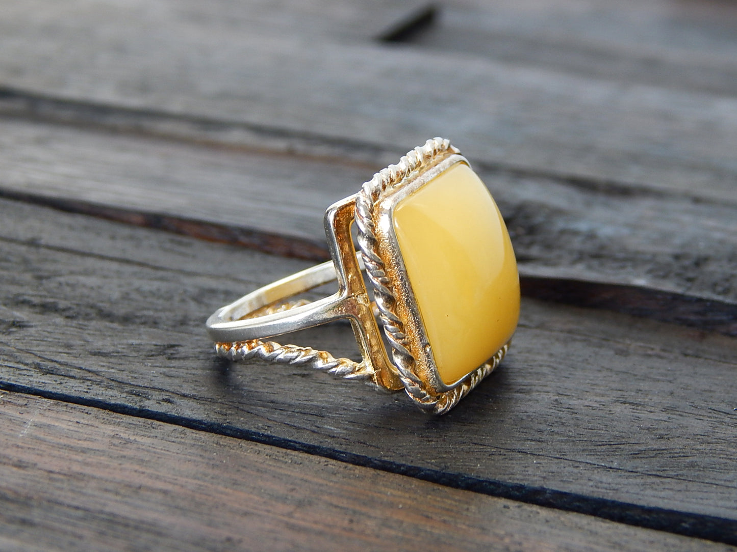 Natural Baltic Butterscotch Amber Minimalist Square Cut Adjustable Ring