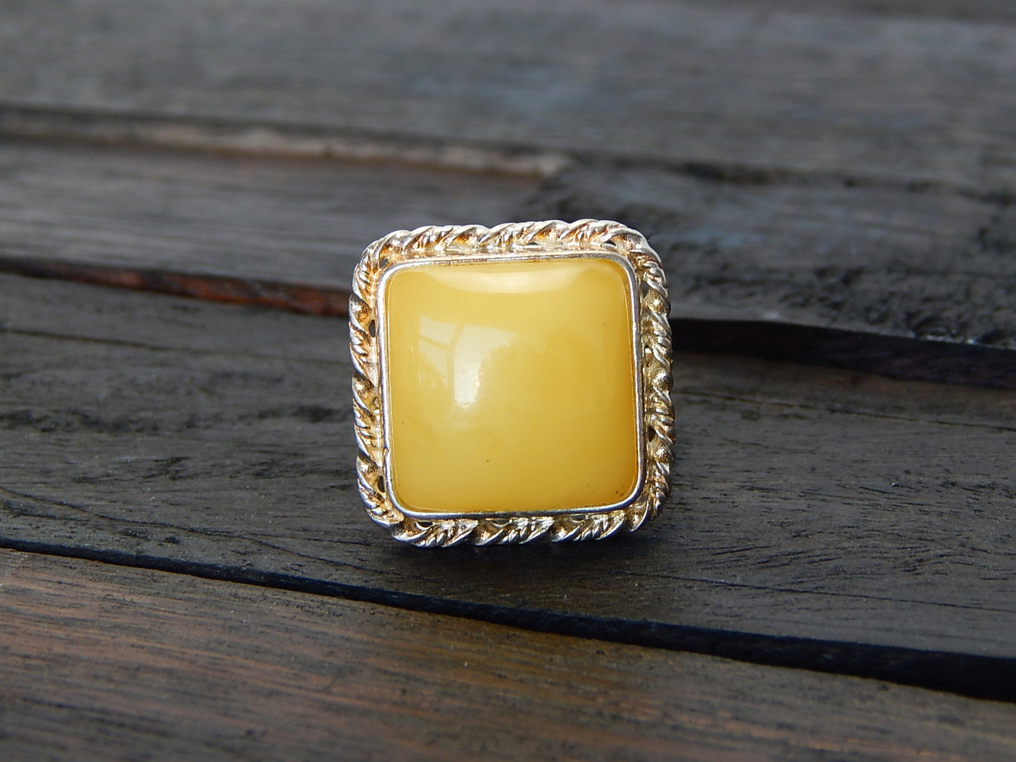 Natural Baltic Butterscotch Amber Minimalist Square Cut Adjustable Ring