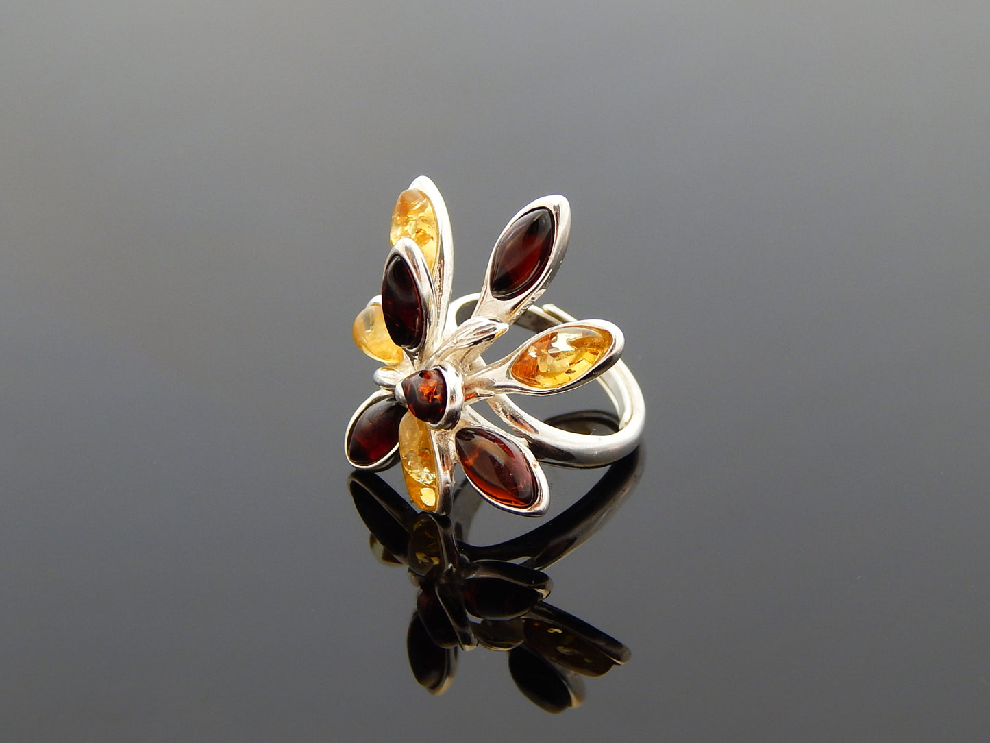 Natural Baltic Lemon and Cherry Amber Abstract Floral Ring
