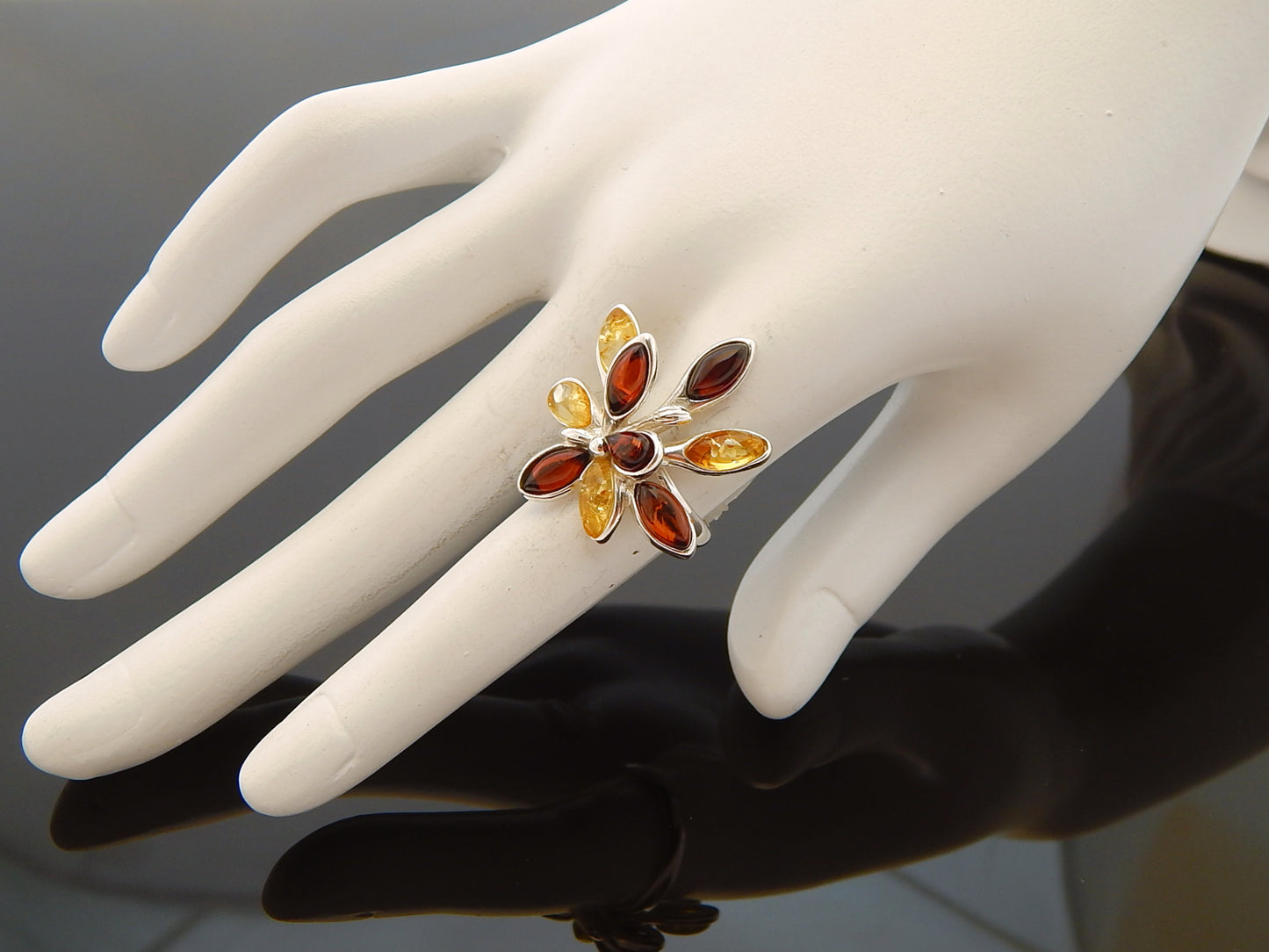 Natural Baltic Lemon and Cherry Amber Abstract Floral Ring