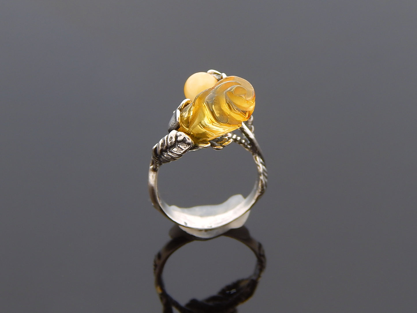 Natural Baltic Lemon Amber Hand-Carved Rose Adjustable Ring in 925 Sterling Silver