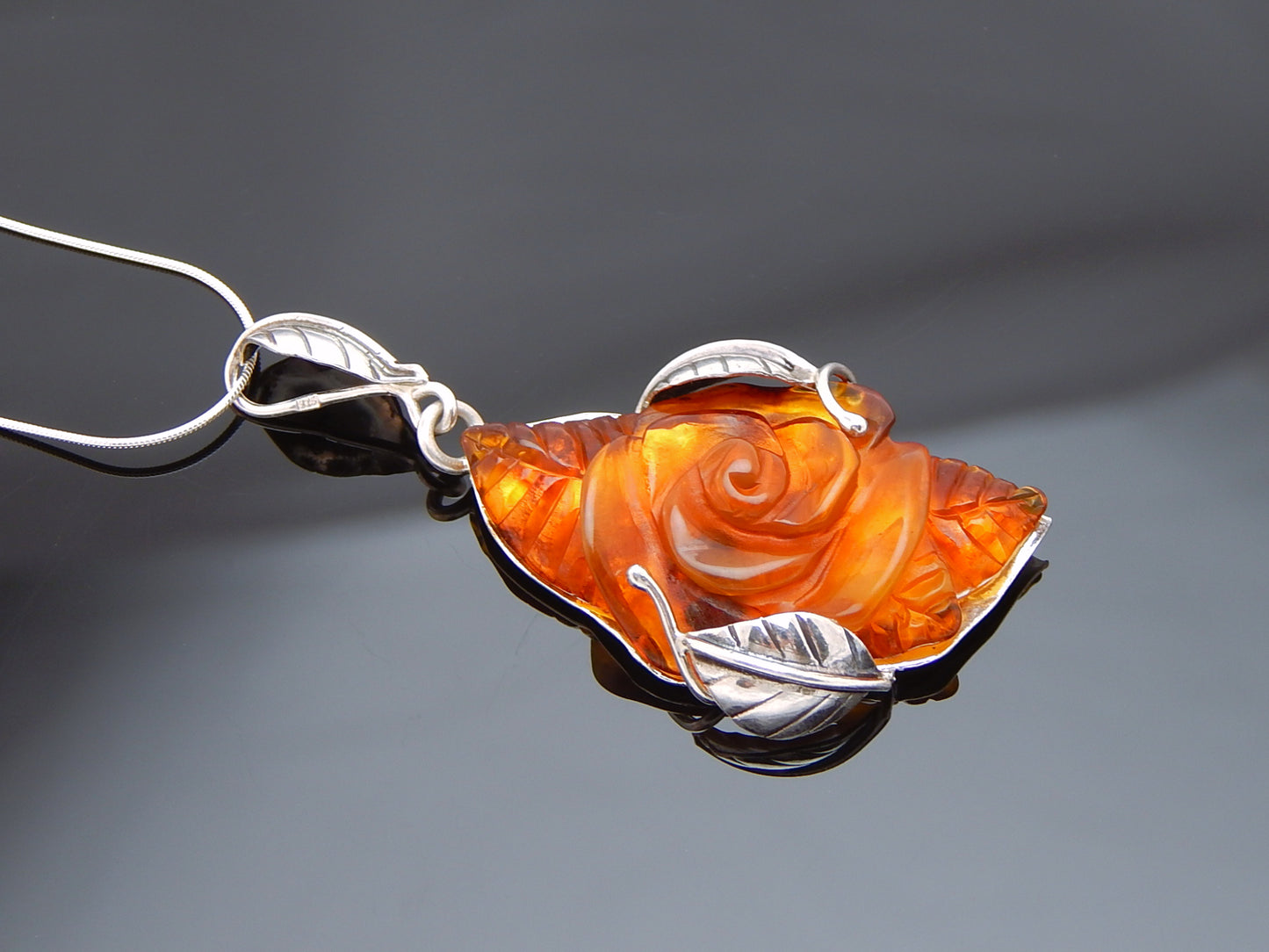 Natural Baltic Cognac Amber Hand-Carved Rose Pendant Necklace in 925 Sterling Silver