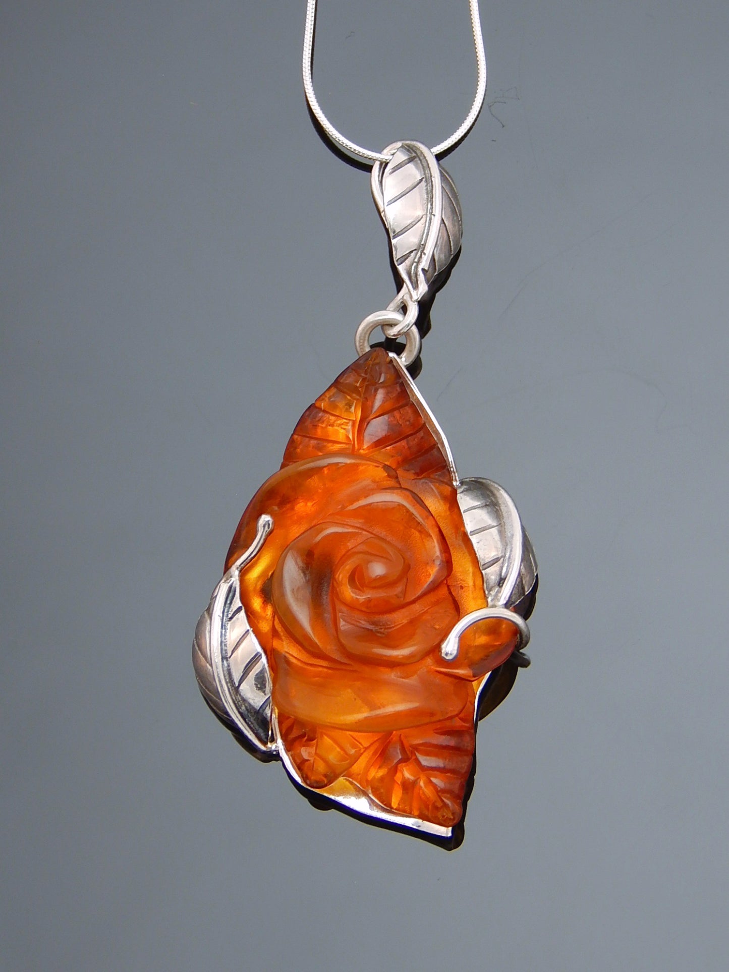 Natural Baltic Cognac Amber Hand-Carved Rose Pendant Necklace in 925 Sterling Silver