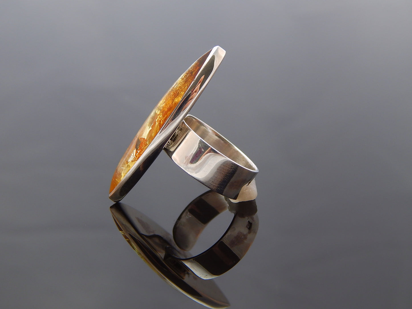 Natural Baltic Cognac Amber Minimalist Designer Statement Ring in 925 Sterling Silver