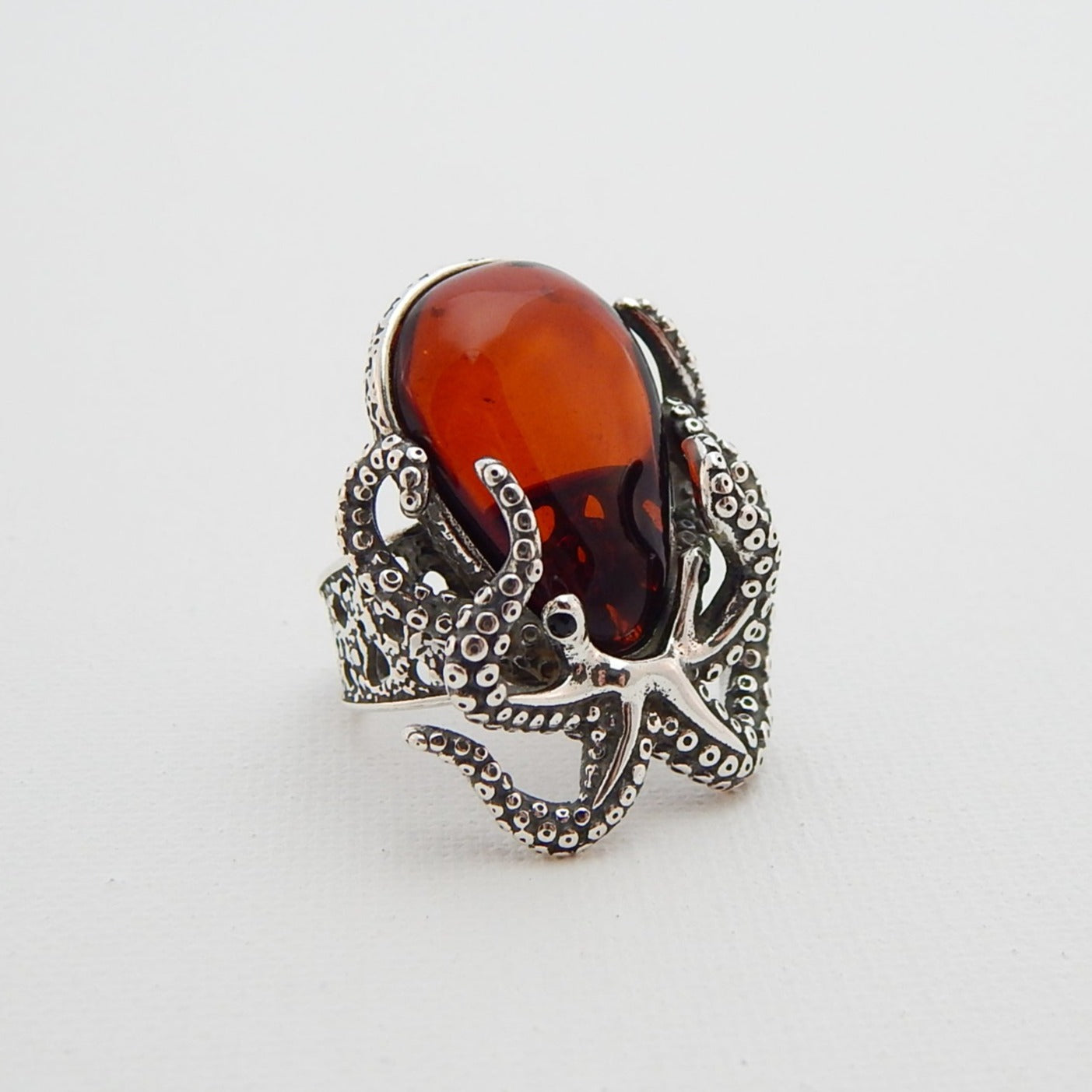 Natural Baltic Cherry Amber Adjustable Octopus Statement Ring in 925 Sterling Silver