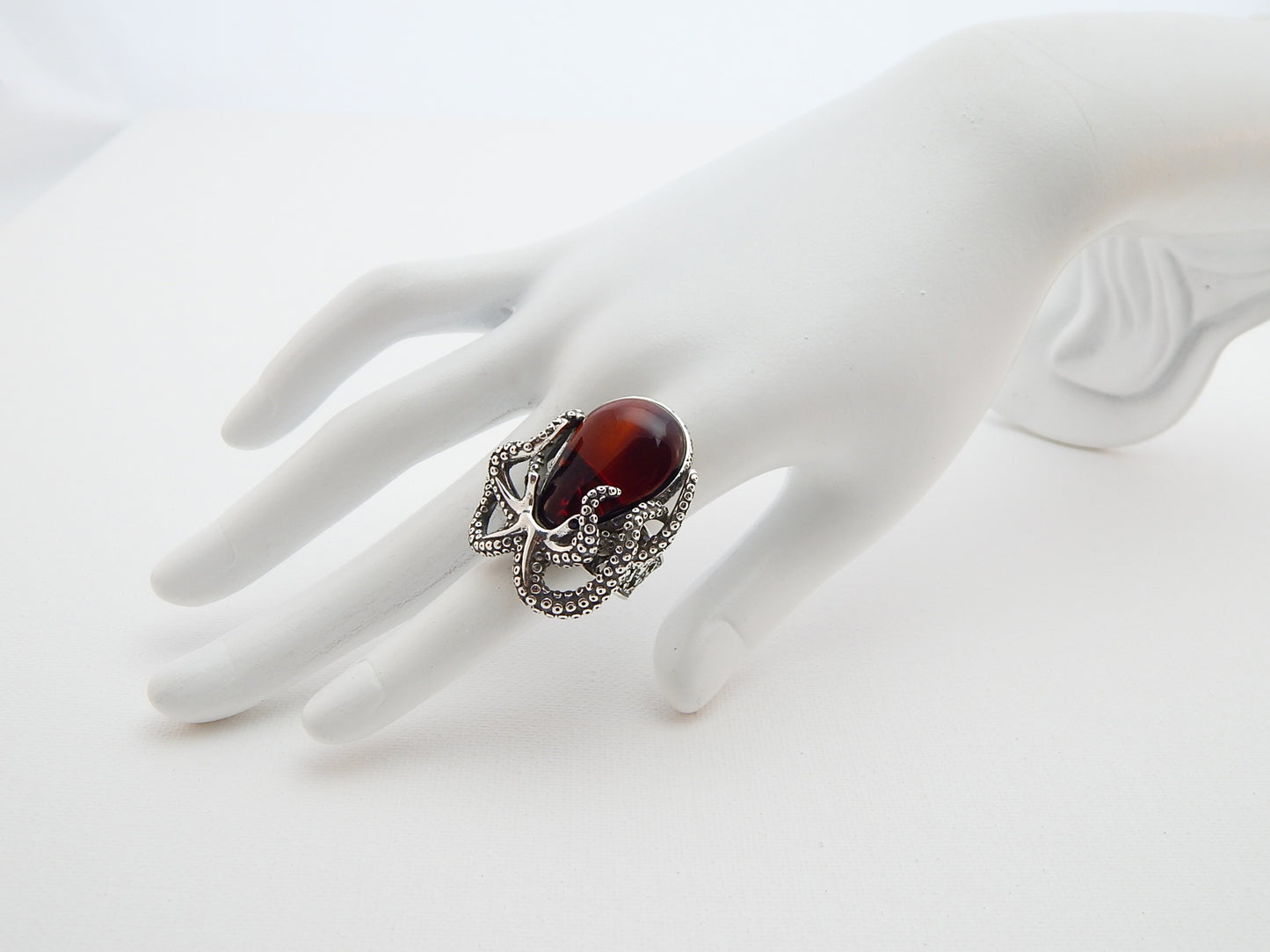 Natural Baltic Cherry Amber Adjustable Octopus Statement Ring in 925 Sterling Silver