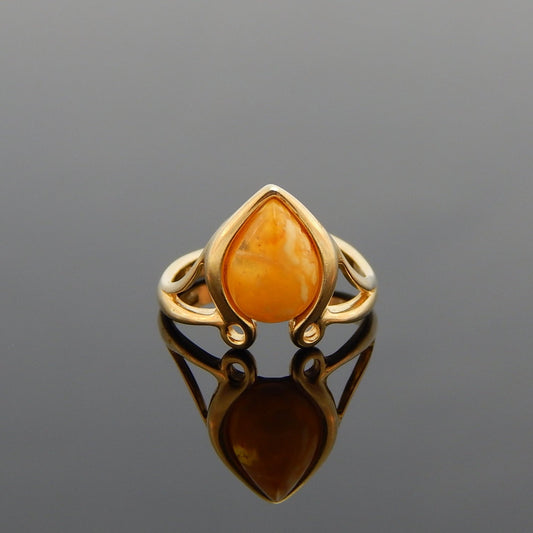 Natural Baltic Butterscotch Amber 14k Gold Plated Regal Victorian Ring
