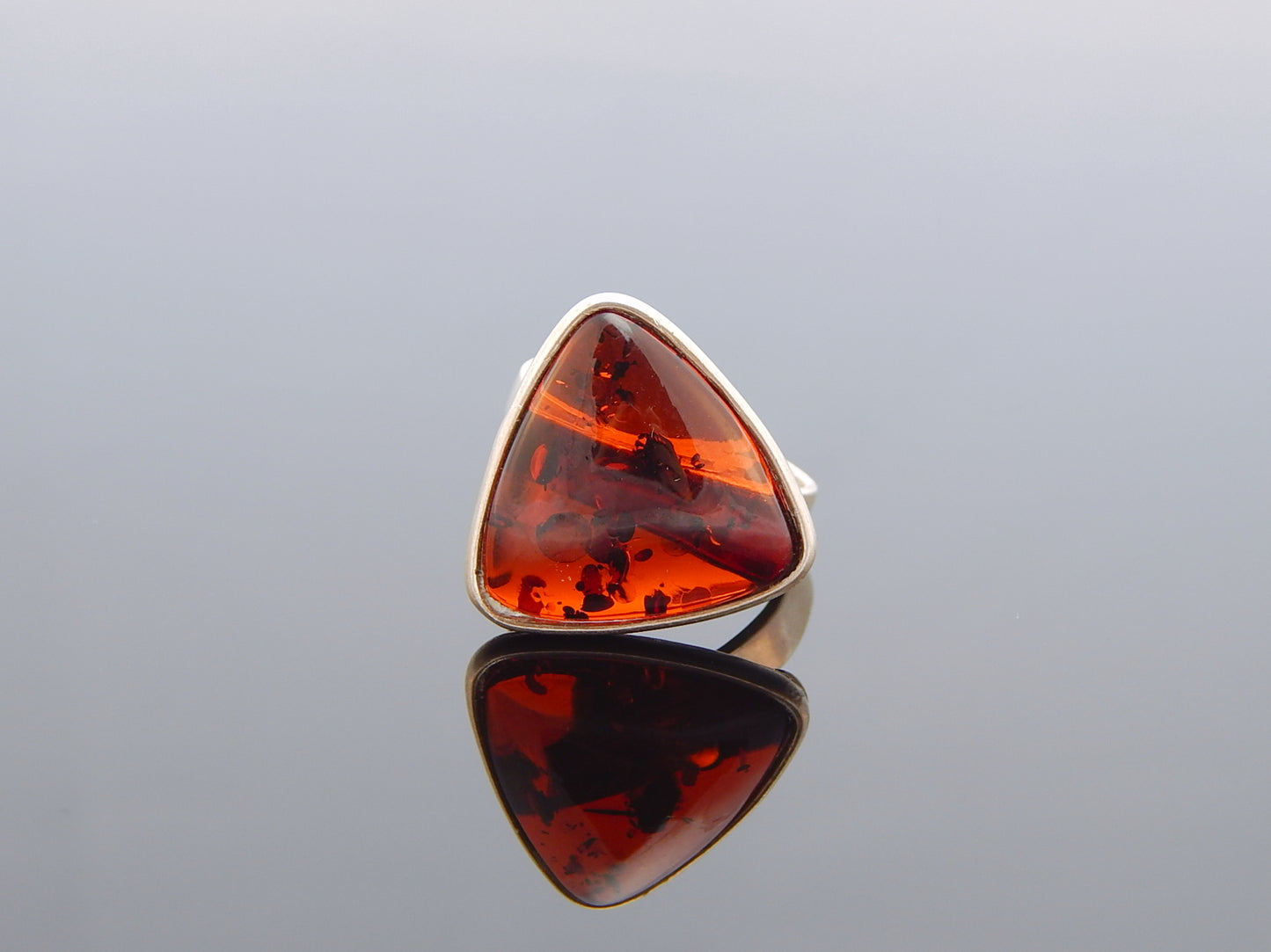 Natural Baltic Cherry Amber Trillion Cut Adjustable Ring in 925 Sterling Silver