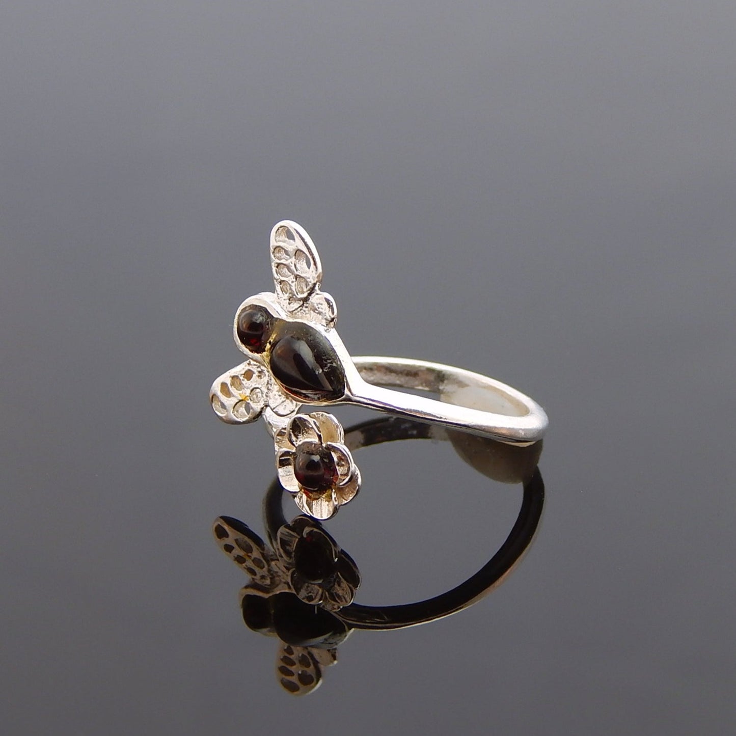 Natural Baltic Cherry Amber Bumble Bee Flower Adjustable Ring in 925 Sterling Silver