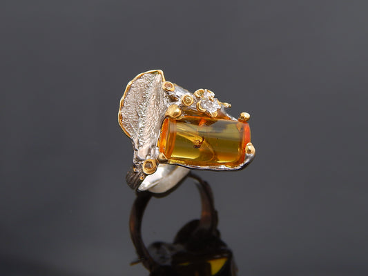 Natural Baltic Lemon Amber and Citrine Gemstone Fossilized Ant Floral Ring in 925 Sterling Silver