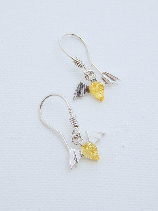 Natural Baltic Lemon Amber Tiny Bat Dangle Earrings in 925 Sterling Silver