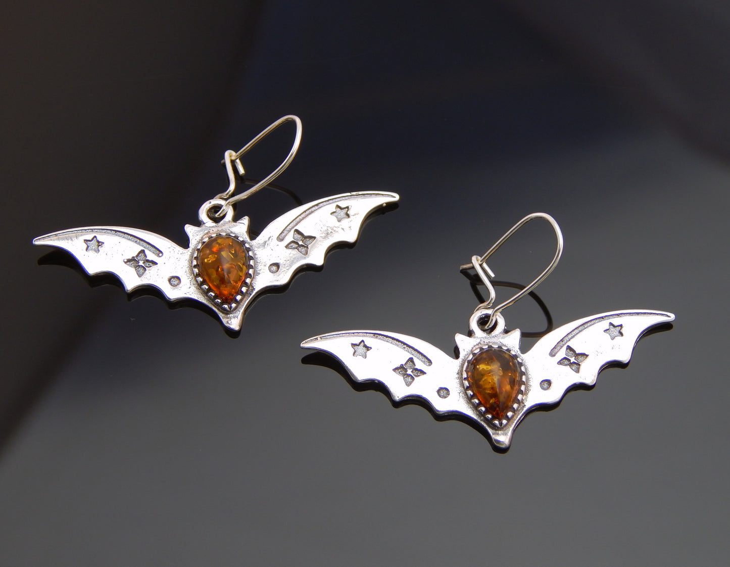 Natural Baltic Cognac Amber Luxury Bat Earrings in 925 Sterling Silver