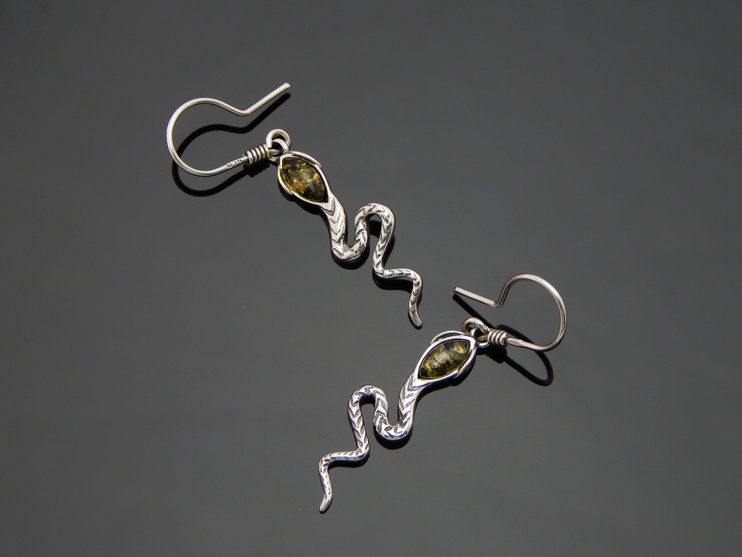 Natural Baltic Green Amber Snake Dangle Earrings in 925 Sterling Silver