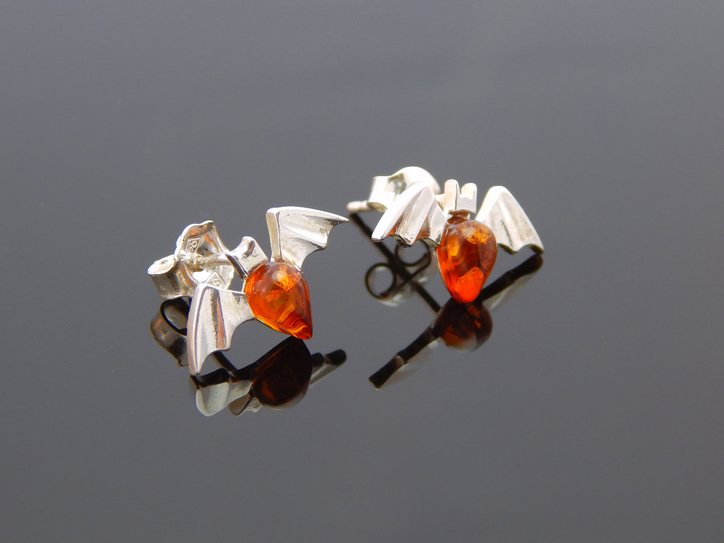 Natural Baltic Cognac Amber Tiny Bat Earrings Studs in 925 Sterling Silver