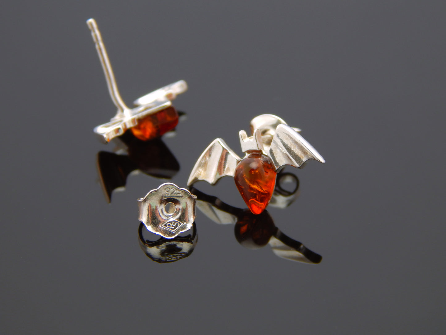Natural Baltic Cognac Amber Tiny Bat Earrings Studs in 925 Sterling Silver