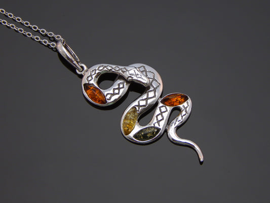 Natural Baltic Amber Diamond Back Rattlesnake Pendant Necklace