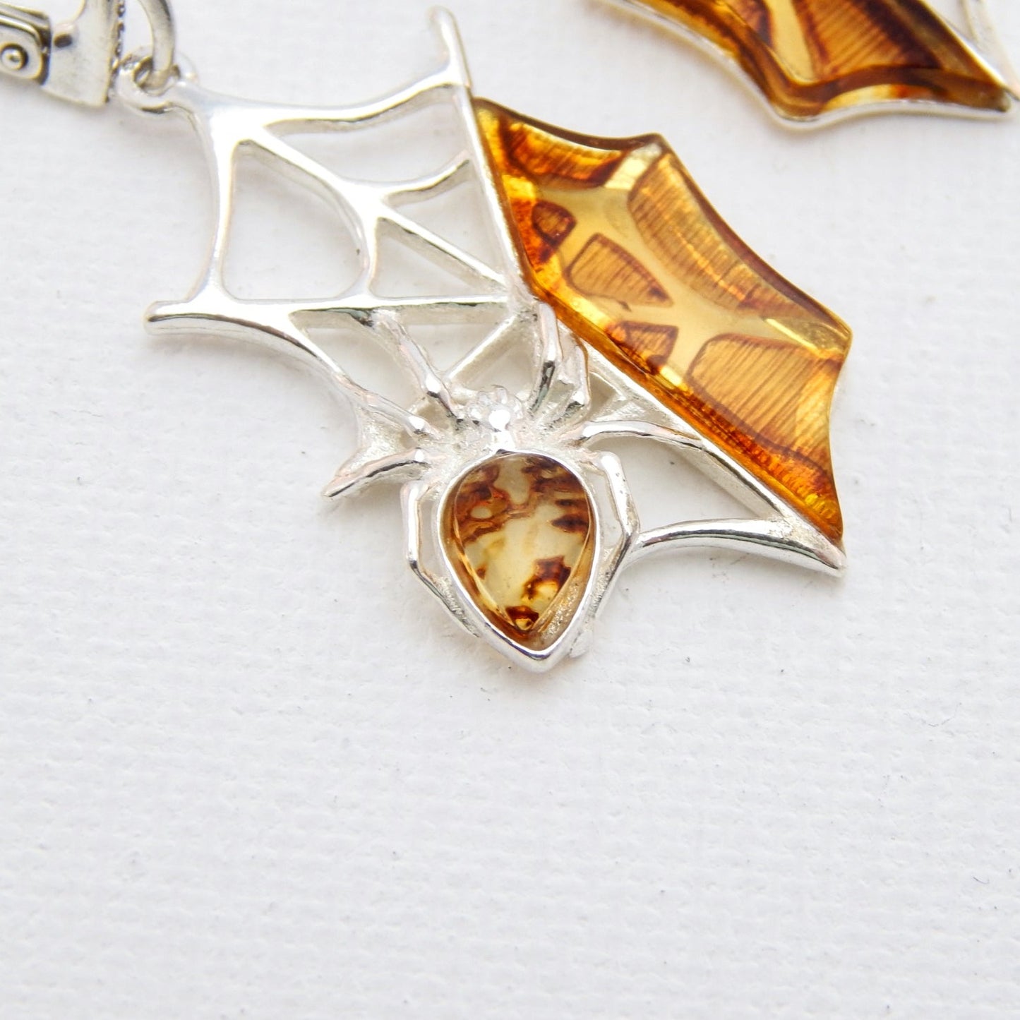 Natural Baltic Cognac Amber Handmade Spiderweb Dangle Earrings in 925 Sterling Silver