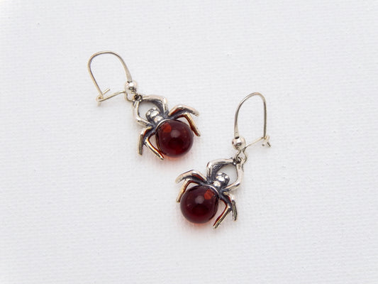 Natural Baltic Cherry Amber Spider Dangle Earrings in 925 Sterling Silver