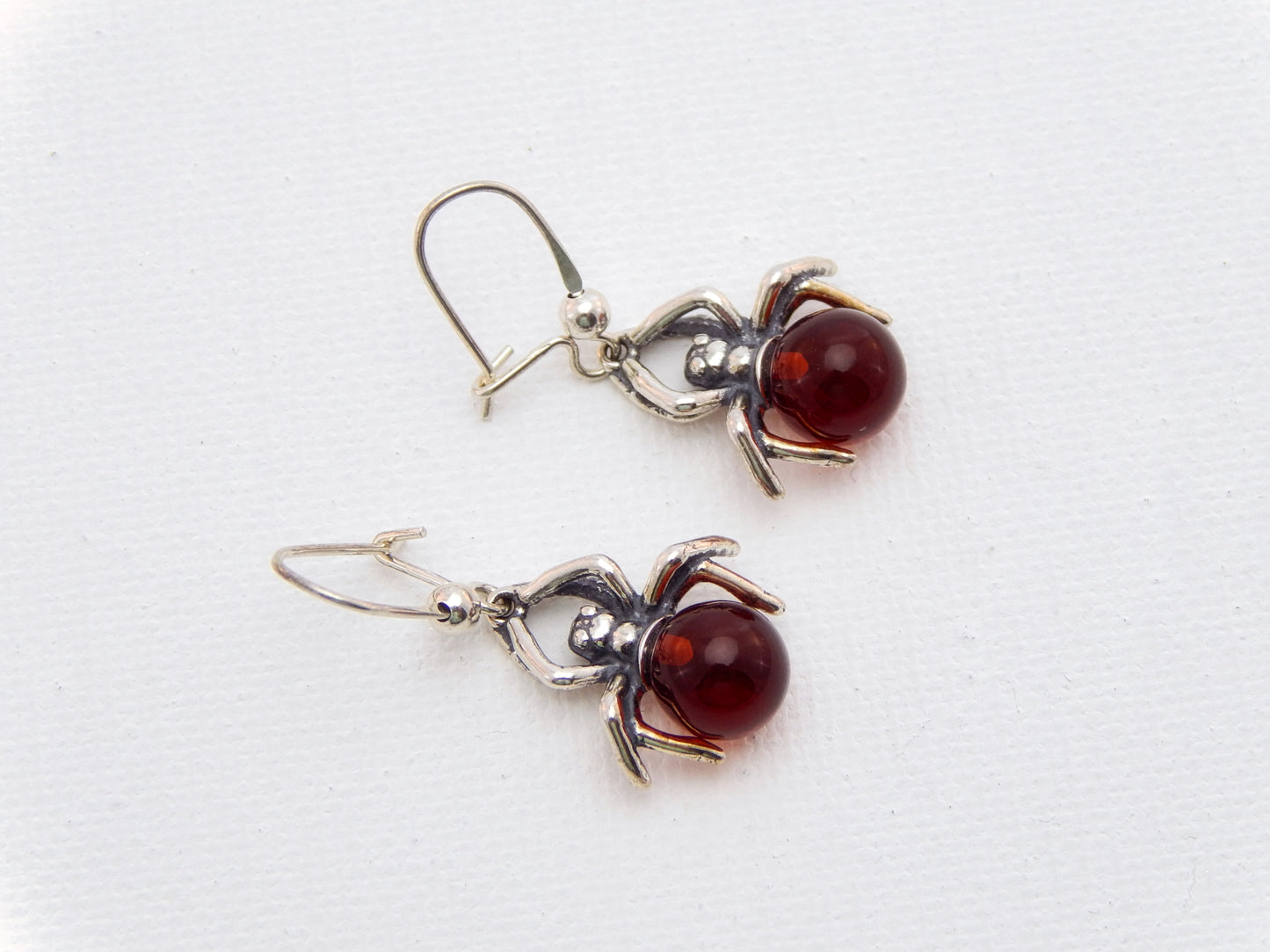 Natural Baltic Cherry Amber Spider Dangle Earrings in 925 Sterling Silver